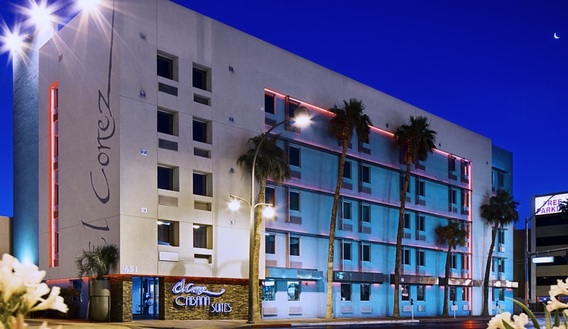 Exterior photo of the Cabana Suites at dusk