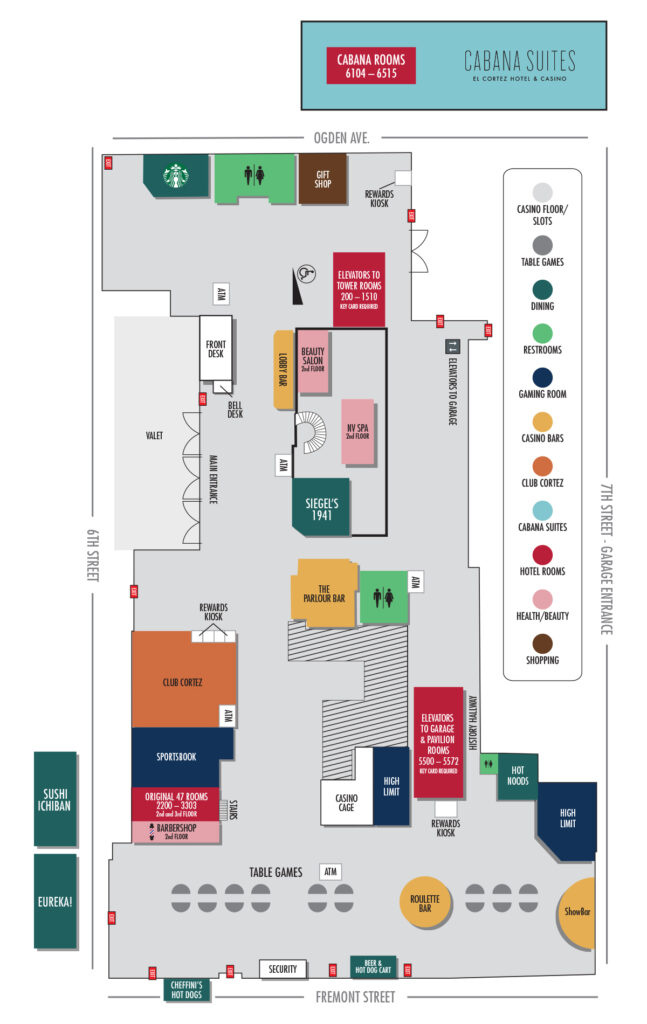 Map of El Cortez Hotel & Casino with detailed room locations, directions to casino games, dining spots, and entrances.