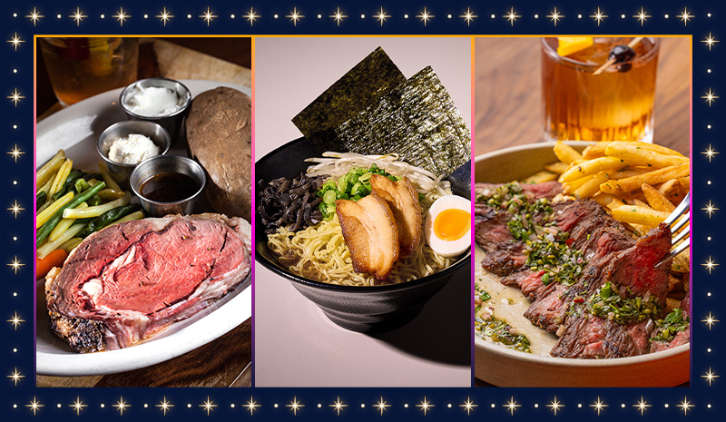 Three dishes served in our welcoming rooms: prime rib with veggies and potato, ramen with egg, and steak with fries.